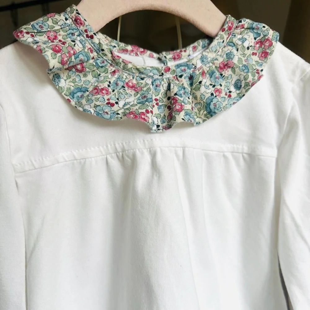 Set with White Long-Sleeve Baby Top with Floral Collar and Trim and short - Picture 2 of 5